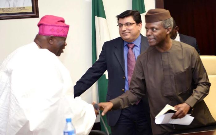 , Vice President Osinbajo (right) welcomes the Managing Director Reckitt Benckiser(RB) West Africa , Rahul Murgai and the Chairman of the Company, Chief Olu Falomo to the Presidential Villa, Abuja ..yesterday (19-01-2016) GODWIN OMOIGUI